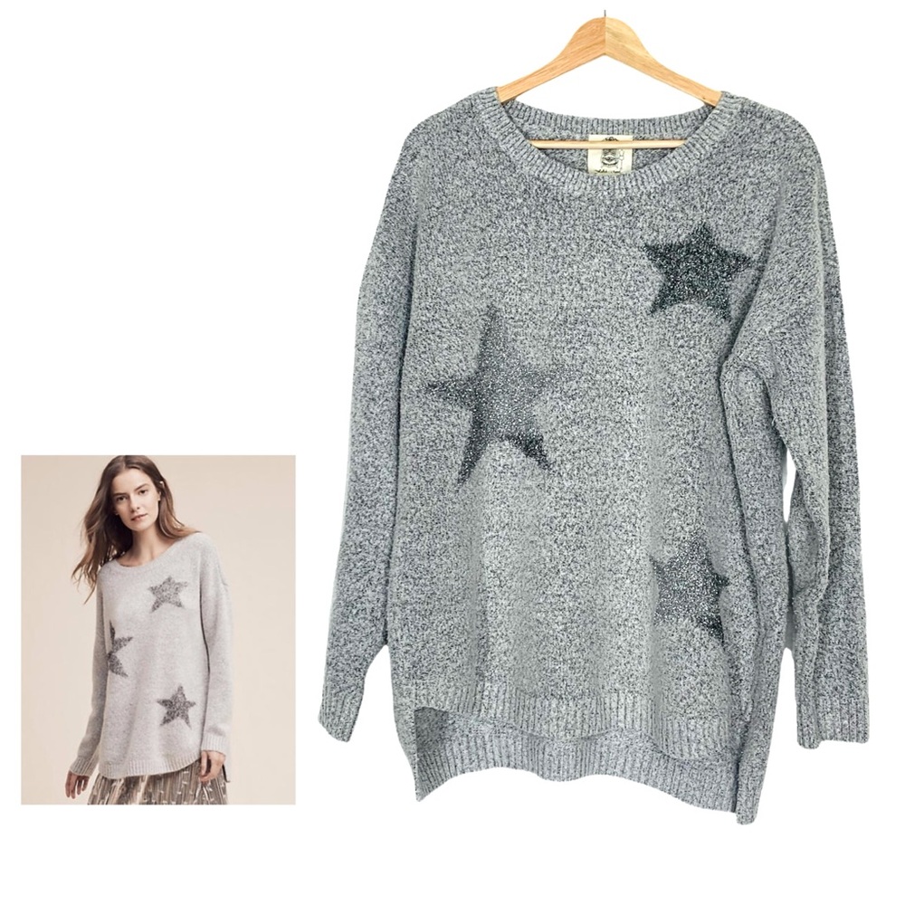 Anthropologie x Lili’s Closet Metallic Star Oversize Grey Sweater Size Large